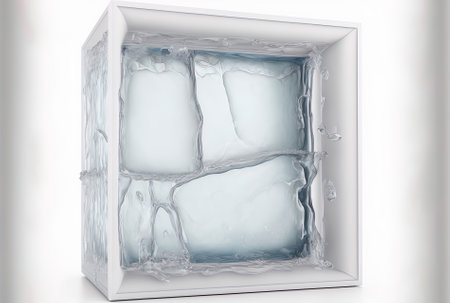 A transparent rectangle made entirely of ice set on a white background. Concept of purity and freshnessの素材