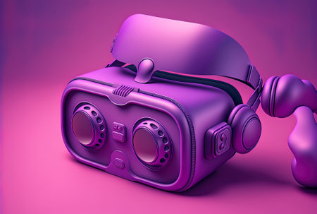 Cartoon concept for metaverse technology virtual reality goggles item floating on a purple backdrop with vr glasses for use in playing video games and learningの素材