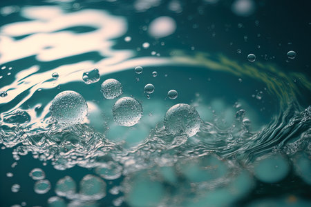 Close up of a transparent tranquil clear surface texture of the water with splashes and bubbles. a modern abstract background of natureの素材