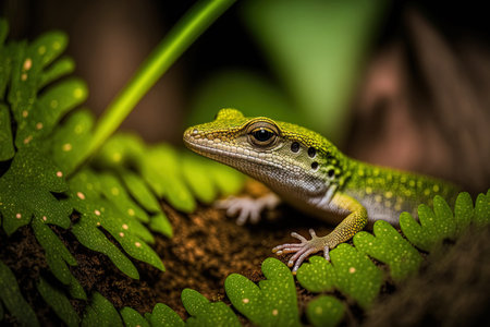 Beautiful Indonesian lizard baby dasia olivacea on leaves olive tree skink perched on leaves in a natural settingの素材