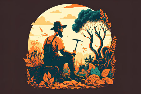 Concept of agriculture farming and plant growth. image of a young happy farmer sitting and tending to plants with a shovelの素材