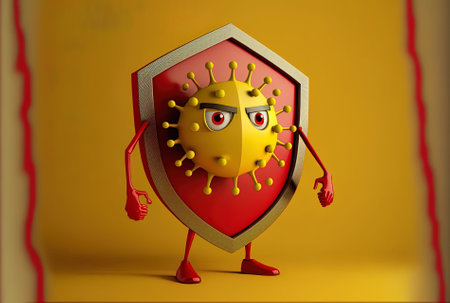 Coronavirus Covid 19 virus mascot figure cartoon with a red metal shield of defense against a yellow backdropの素材
