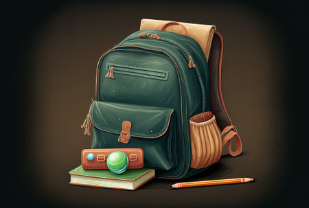 Cartoon illustration of a back to school theme with a chalkboard background a school bag and a stationery itemの素材