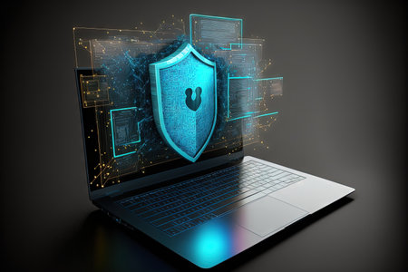 Computer on a laptop with the concepts of data protection cyber security information safety and encryption. Internet business and technology concept mockup with space for copyの素材