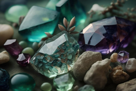 Gemstones and minerals on an enigmatic natural backdrop. Close up of fluorite quartz crystals. Magical healing gemstones for witchcraft and crystal ritual. soul relaxation Reiki therapy and spirituaの素材