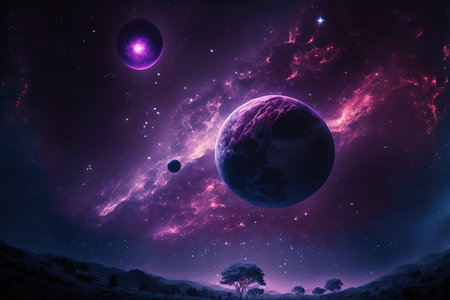 Deep space photography with low light and lengthy exposures. Background with a soft focus and a grainy texture. Milky Way in the night sky with a full Moon and background constellations of the cosmosの素材