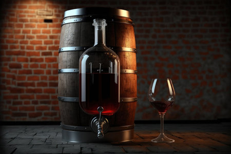 Crimson wine in a clear glass with a red wine bottle Place a wine fermentation tank on. In the cellar or basement numerous wine fermentation tanks are stocked and set near to the red brick wallの素材