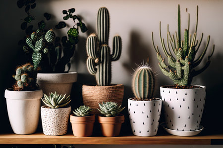 Beautiful plants cactus succulents and air plants are arranged in variously shaped pots in a stylish indoor home garden composition. domestic gardening idea jungle at home. SPCAE copy. Templateの素材