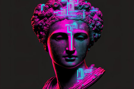 Contemporary art collage. Antique statue bust with neon pink lettering around head isolated over black background. Concept of digitalization artificial intelligence technology era cyberspaceの素材