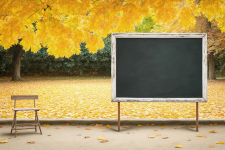 Empty outdoor class room with classic chalk board with trees as backdrop and brown autumn color leaves on ground. The board can be closedの素材