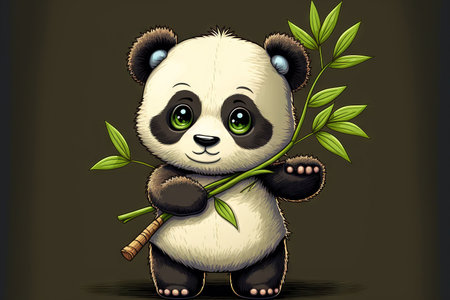 Cute panda cartoon design. Chinese cartoon bear cub waving hello dancing and having fun while carrying a heart or present and hanging from a bamboo stem. Illustration of an animal natural environmeの素材
