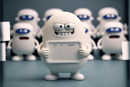 Extreme closeup of white toothed figure mascot holding identity plate in front of police lineup or mugshot backgroundの素材
