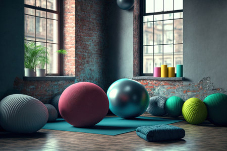 Empty room with fit equipment left after practice. Fitballs sport mat yoga props bolsters brick strap blankets on the floor in loft interior of fitness or yoga club. Healthy lifestyle conceptの素材