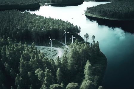 Environmental Wind Turbines in a Forest Near the Sea in Beautiful Aerial Drone Video. Green Renewable Energy Park Shows Internet of Things Online Connectivity with VFX Augmented Reality Hologramsの素材
