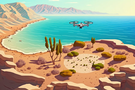 Ein Bokek Israel March 13 2021 Drone aerial view of beach on Ein Bokek embankment Dead Sea in the background and Jordanian mountains in the distance in Israelの素材