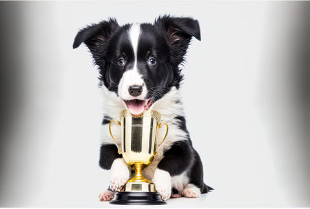 Cute border collie puppy dog with gold champion trophy cup in mouth isolated on white backdrop winning champion amusing dog taking first place in a contest success conceptの素材