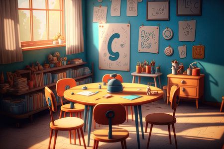Interior of a kindergarten classroom for children featuring a round table for sketching chairs and a poster with a cartoon alphabetの素材