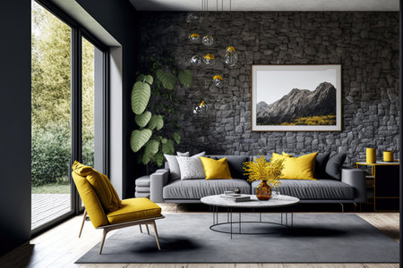Grey stone walls sofas and carpet designs with yellow accents are all examples of interior design styleの素材