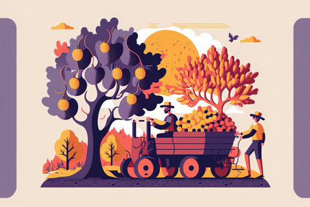 Flat illustration of the first phase in the winemaking process the picking of wine grapes. Grapes being transported to the winery by tractor farmer or gardener with basketの素材