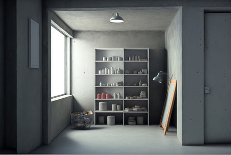 Interiors of empty gray walled rooms Well edited montage displays objects and information on a background of studio cement shelves and concrete backdropsの素材