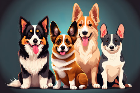 Dogs in a cute group photo. Puppies of all breeds all smiling posing together. Laughable dog breeds include English Bulldogs Poodles Corgis and Akita Inus. flat isolated imageの素材