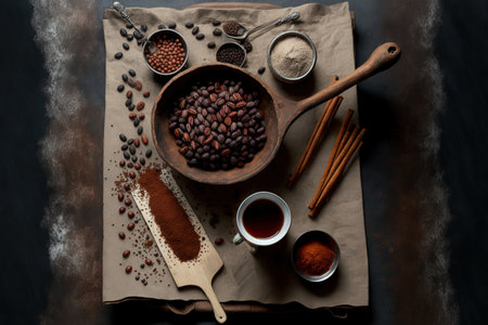 High angle view of some coffee beans with ground coffee a book some spices and a sack on a wooden spoon on a dingy gray backdropの素材