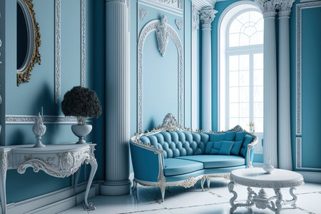 Interior living room in a bright luxurious white and blue color scheme. Baroque decorations are used to embellish the wallsの素材