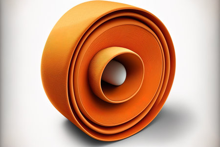 Icon of a roll of cloth in isometric form on a white backdrop. Icon for a roll mat rug piece of clothing or carpet. circular button in orangeの素材