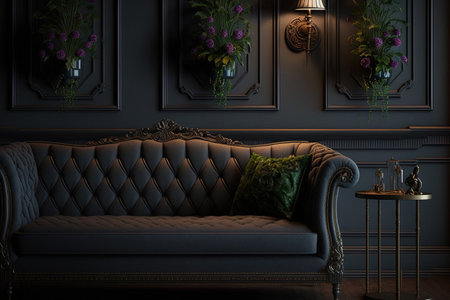 Interior details upholstered furniture and modern interior design for a home or workplace against a historically accurate dark backdropの素材