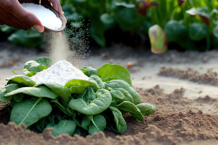 In order to repel insects in the vegetable garden without using dangerous chemicals the gardener white sprinkles salad with Diatomaceous earth (Kieselgur) powderの素材