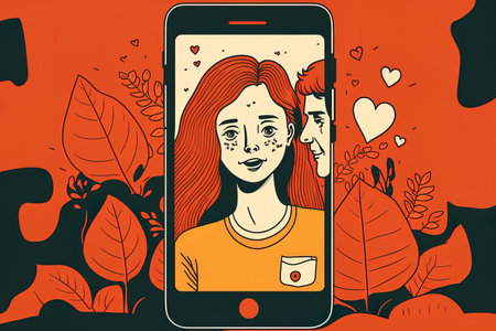 Girl holding smartphone with image of lover. Call a loved one on video. Idea of a video call. flat cartoon image in formatの素材