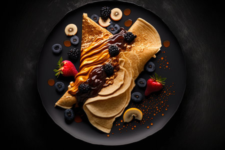 On a black porcelain platter there are crepes with peanut butter banana slices honey and fresh berries. looking up. wonderful thin pancakes homemade breakfast dessert or snack. concrete historyの素材