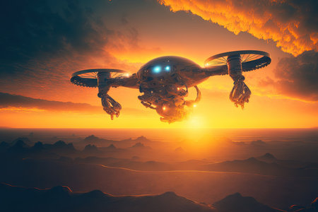 In the setting sun a drone flies and glows from its light sources. A dystopian future in which drones rule the globe. A drone piloted by artificial intelligence is flying in a gorgeous skyの素材