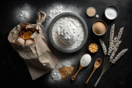 Kitchen with rustic bread measuring cup wheat ears and flour sifted from a white paper bag. photographed from above (top view flat lay) on a background of a black chalkboard. Arrangement with emptの素材
