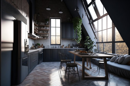 Luxurious studio apartment with a top notch modern kitchen in a loft design and dark hues. With a huge window the space is stylish and modernの素材