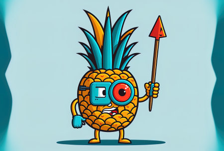 Fun cartoon style hipster pineapple figure mascot on a white backdrop with an archery target and dart in the centerの素材