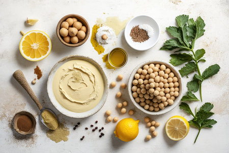 Ingredients in hummus. On a rustic white wooden background there are chickpeas tahini paste olive oil sesame seeds sumac and herbs. a collection of uncooked ingredients for hummus. Mediterraneanの素材