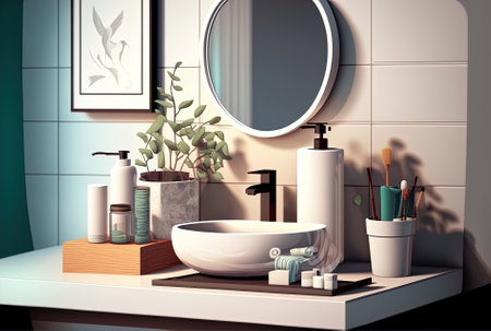 Interior design for bathrooms. Illustration of a modern sink table mirror and towels. Vacant bathroom. Instruments and accessories for interior designの素材