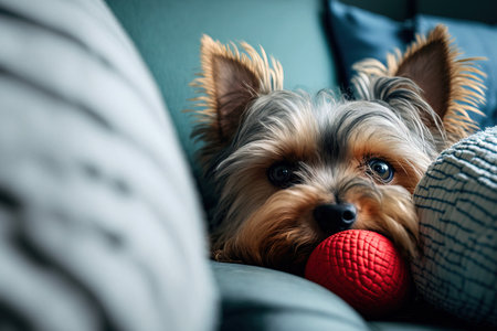 In a comfortable home setting a tiny Yorkshire Terrier dog is lying on a sofa. Red ball is being played with by a dog. Inside a dog pet looks directly into the lens. selective focus and text space fの素材