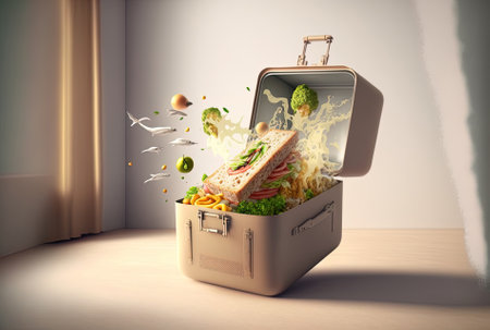 Food being levitated a lunchbox being opened and food. idea for a healthy supper. lunch prepared at homeの素材