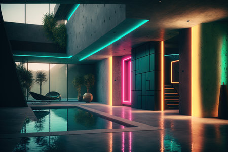 Inside of a contemporary seaside home with a swimming pool and neon lights with abstract architectural concrete design. andの素材