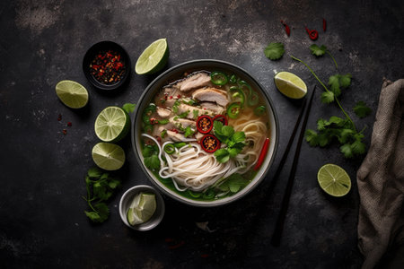 On a gray background a bowl of the traditional Vietnamese soup pho ga has chicken and rice noodles mint and cilantro red onion chili bean sprouts and lime. Asian cuisine Copy space a top viewの素材
