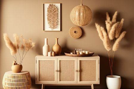 Mockup of a living room wall in light beige neutral Japandi style with dried palm fronds a wicker lamp and a garland of wooden beads on a warm blank backgroundの素材