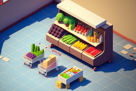 Interior of a supermarket or food store. supermarket trolleys product shelves a cash register and a delivery vehicle unloading merchandiseの素材
