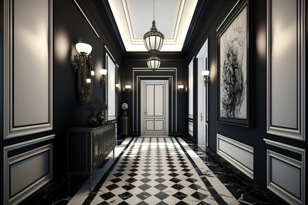 Interior of a traditional hall corridor with dark hardwood black frame walls black and white marble flooring and chenderliar decorated ceilingの素材