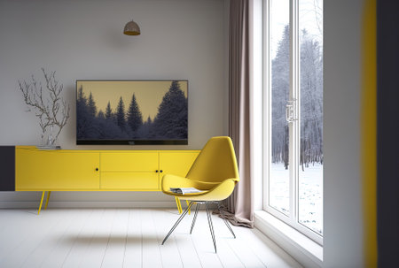 In the living room with a chair and a white plaster wall there is a yellow TV cabinet with a simple designの素材