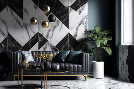 Mock up of a contemporary opulent living room with black and white marble walls as the background and furnishingsの素材