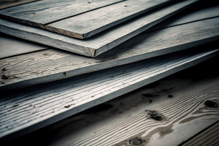 Old gray wood textured planks are stacked close to one another and facing downward in a diagonal directionの素材