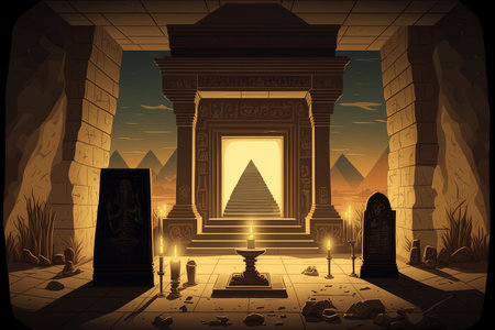 Inside the Giza pyramids is an ancient Egyptian gravestone. Interior of the tomb of Pharaoh. wallpaper with a tomb from ancient Egypt. digital artwork from the past with hidden legendary chambersの素材
