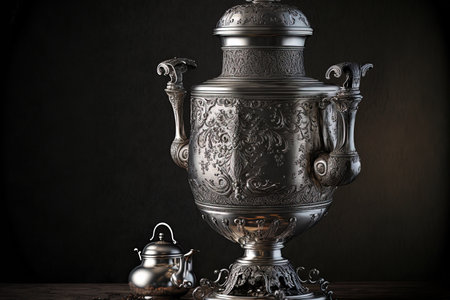 Silver plated made tea samovar old Gothic style object on a white background with different alternative compositions wonderful background image buyingの素材